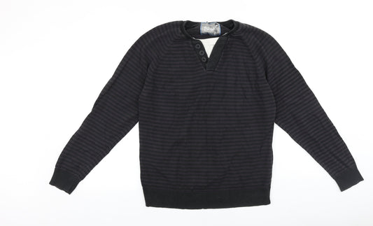 Preworn Mens Brown Round Neck Striped Cotton Pullover Jumper Size L Long Sleeve