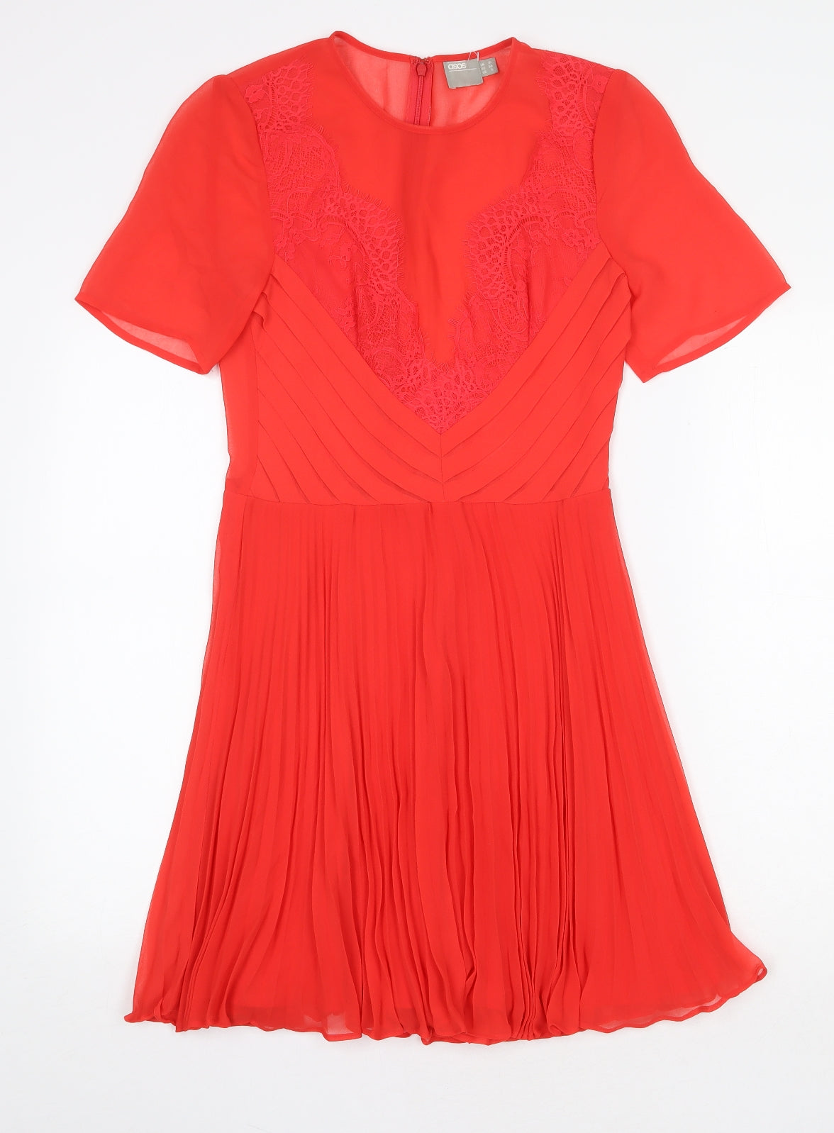 ASOS Womens Red Polyester Fit & Flare Size 10 Round Neck Zip - Lace Detail
