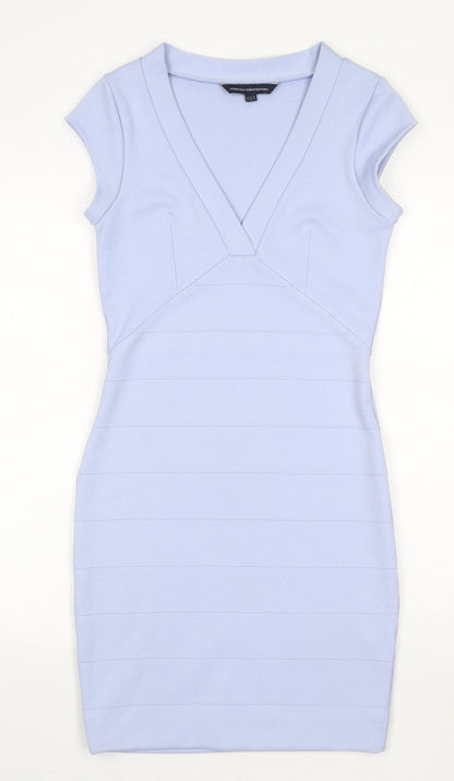 French Connection Womens Blue Polyester Bodycon Size 10 V-Neck Pullover