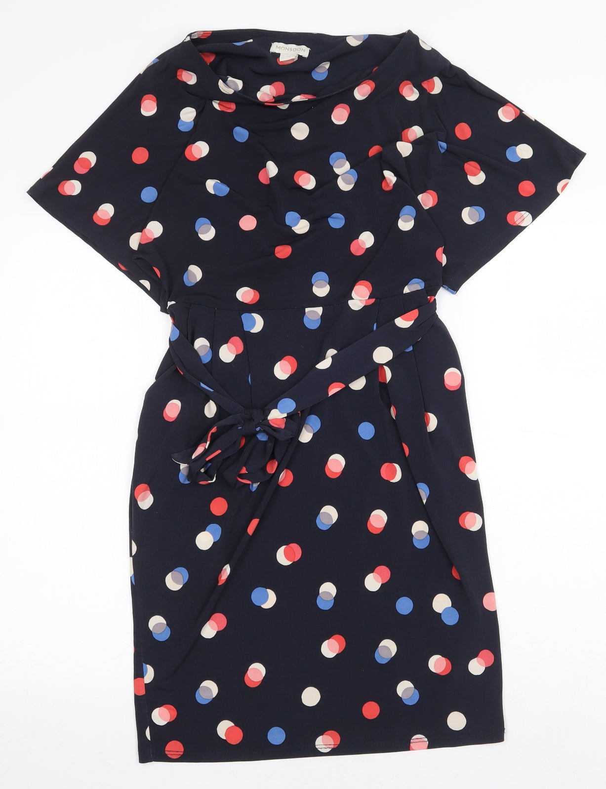 Monsoon Womens Blue Polka Dot Polyester Sheath Size 10 Boat Neck Tie