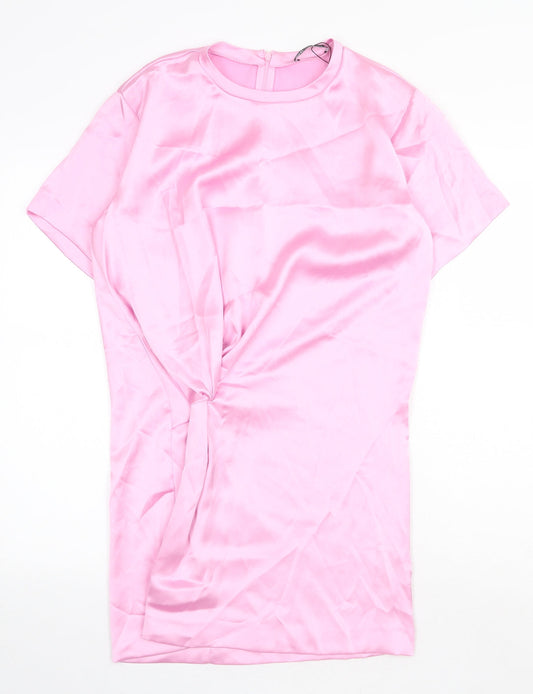 Zara Womens Pink Polyester Sheath Size S Round Neck Zip - Twist Detail
