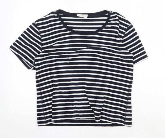 Nightingales Womens Blue Striped Polyester Basic T-Shirt Size L Scoop Neck