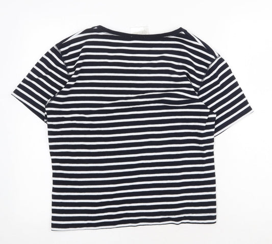 Nightingales Womens Blue Striped Polyester Basic T-Shirt Size L Scoop Neck