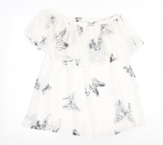 Blue Vanilla Womens White Geometric Polyester Basic Tank Size 8 Off the Shoulder - Butterfly Print