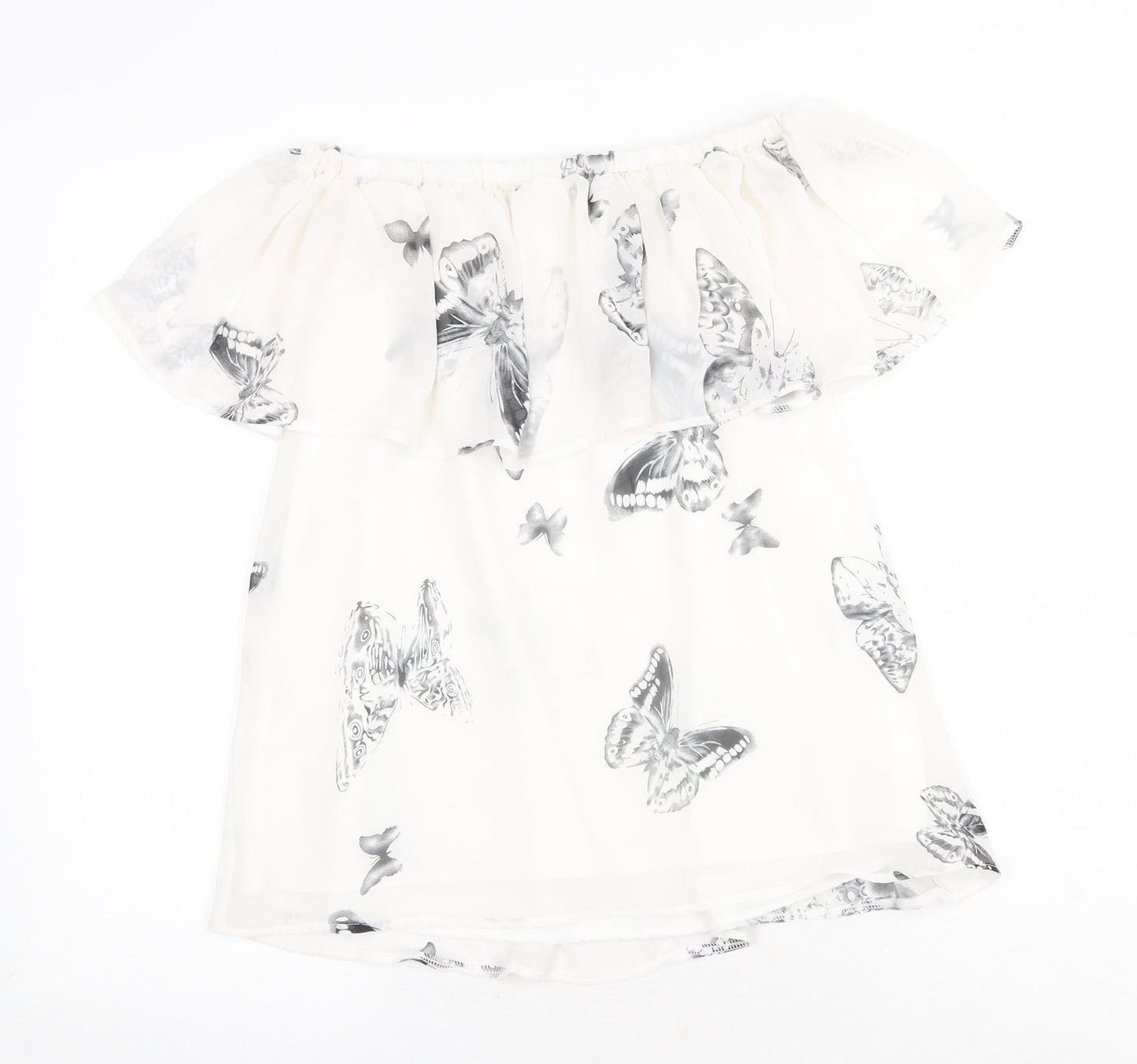 Blue Vanilla Womens White Geometric Polyester Basic Tank Size 8 Off the Shoulder - Butterfly Print