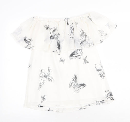 Blue Vanilla Womens White Geometric Polyester Basic Tank Size 8 Off the Shoulder - Butterfly Print