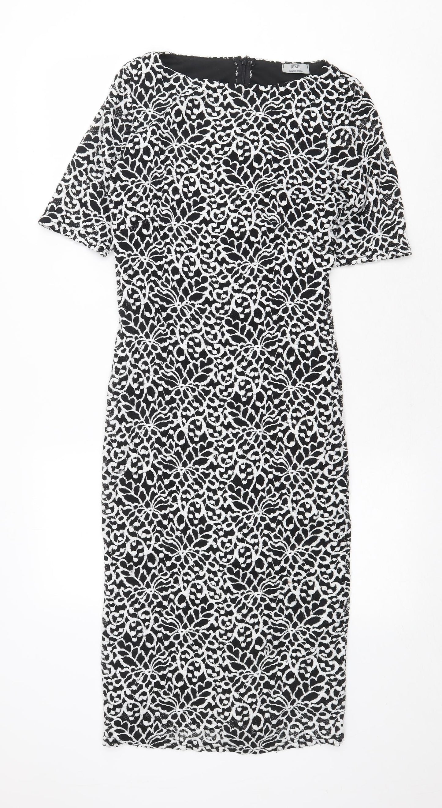 F&F Womens Black Geometric Polyester Sheath Size 10 Boat Neck Zip