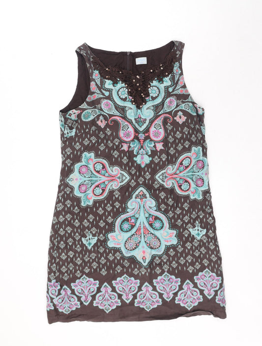 Oasis Womens Brown Paisley Silk Shift Size 12 Boat Neck Pullover