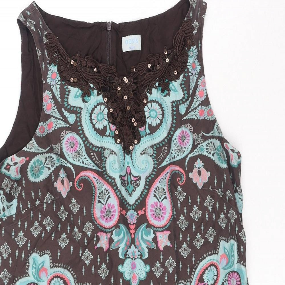 Oasis Womens Brown Paisley Silk Shift Size 12 Boat Neck Pullover