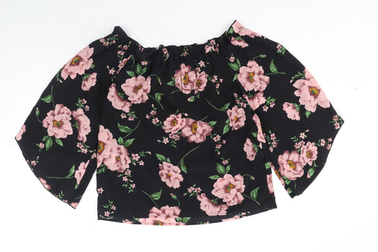 SheIn Womens Black Floral Polyester Basic Blouse Size M Off the Shoulder