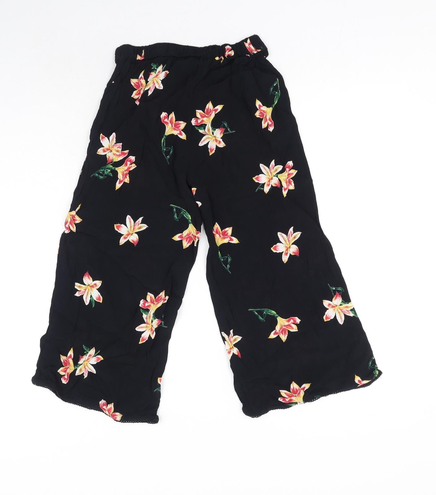 Miss Etam Womens Black Floral Viscose Trousers Size 6 Regular