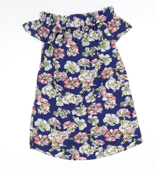 Atmosphere Womens Blue Floral Polyester Mini Size 10 Off the Shoulder Pullover