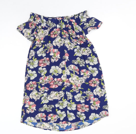 Atmosphere Womens Blue Floral Polyester Mini Size 10 Off the Shoulder Pullover