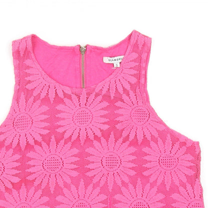 Glamorous Womens Pink Geometric Polyester Basic Tank Size S Round Neck
