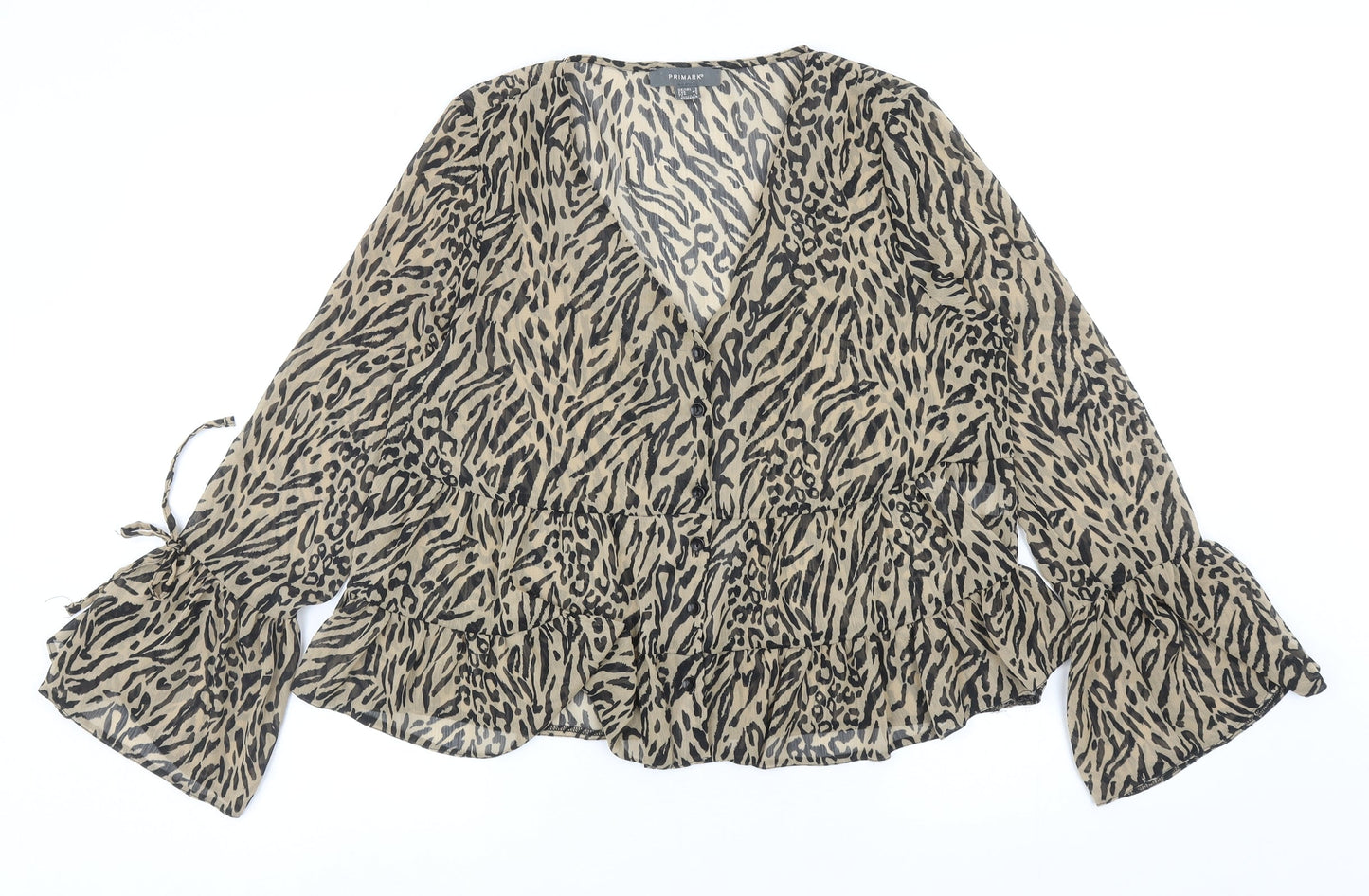 Primark Womens Brown Animal Print Polyester Basic Blouse Size 12 V-Neck - Tiered Tiger Print