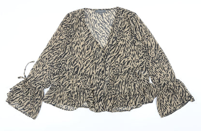 Primark Womens Brown Animal Print Polyester Basic Blouse Size 12 V-Neck - Tiered Tiger Print