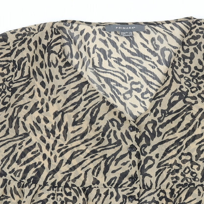 Primark Womens Brown Animal Print Polyester Basic Blouse Size 12 V-Neck - Tiered Tiger Print