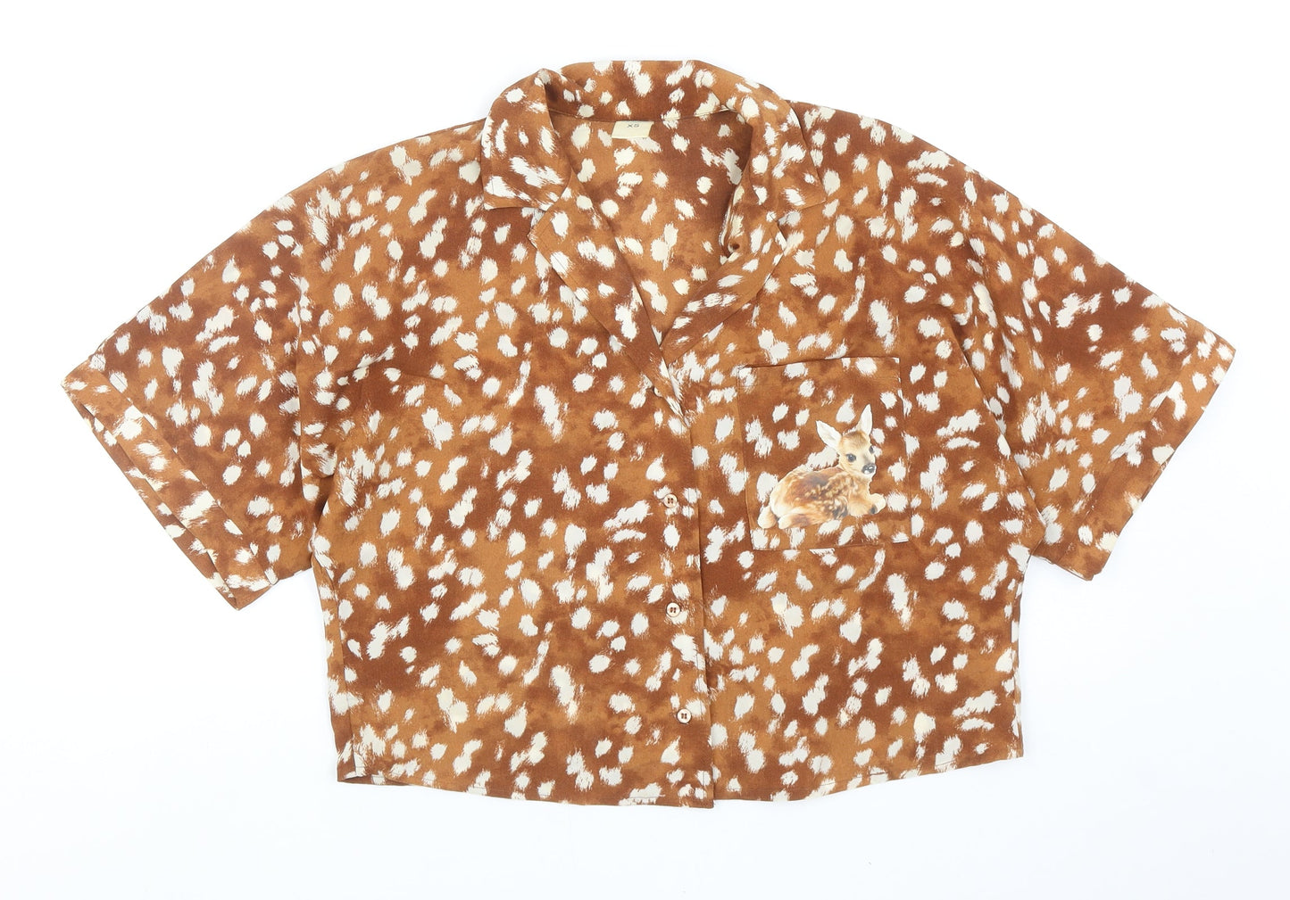 Befree Womens Brown Geometric Polyester Cropped Button-Up Size XS V-Neck - Bambi Print