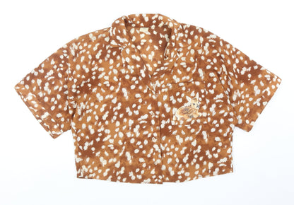 Befree Womens Brown Geometric Polyester Cropped Button-Up Size XS V-Neck - Bambi Print