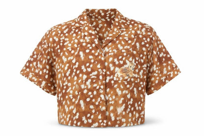 Befree Womens Brown Geometric Polyester Cropped Button-Up Size XS V-Neck - Bambi Print