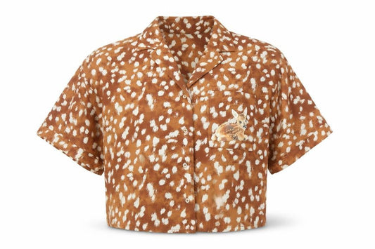 Befree Womens Brown Geometric Polyester Cropped Button-Up Size XS V-Neck - Bambi Print