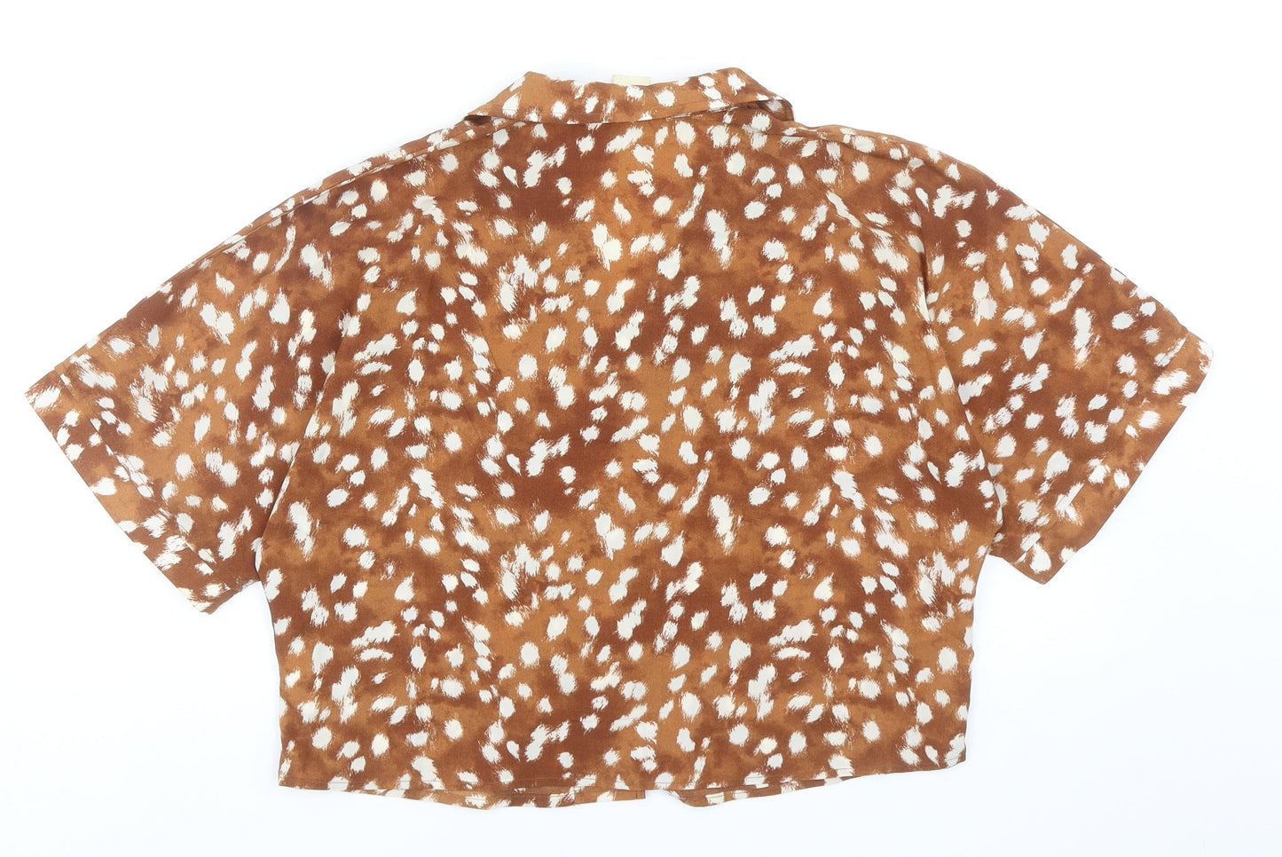 Befree Womens Brown Geometric Polyester Cropped Button-Up Size XS V-Neck - Bambi Print
