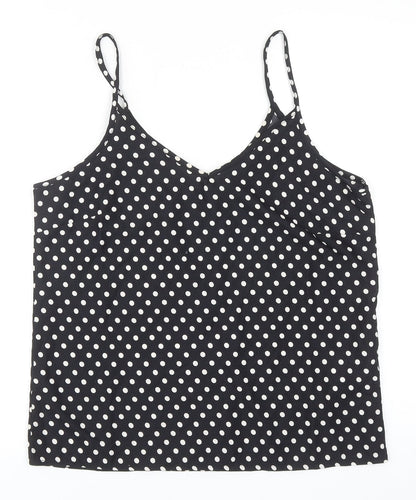 MO Woman Womens Black Polka Dot Polyester Basic Tank Size L V-Neck