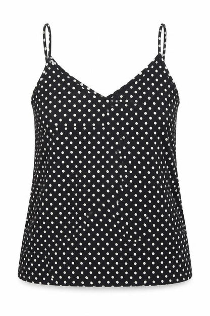 MO Woman Womens Black Polka Dot Polyester Basic Tank Size L V-Neck