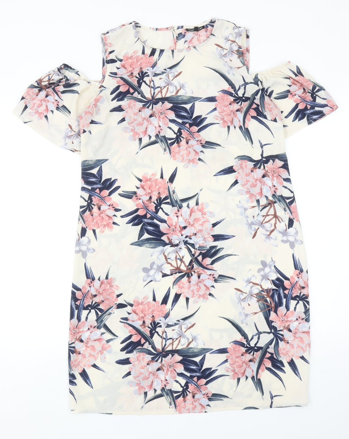 Warehouse Womens Ivory Floral Polyester Shift Size 12 Roll Neck Pullover - Cold Shoulder