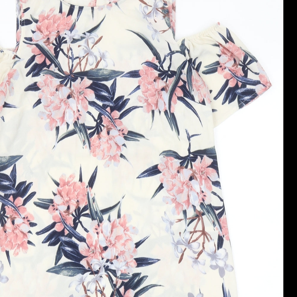 Warehouse Womens Ivory Floral Polyester Shift Size 12 Roll Neck Pullover - Cold Shoulder