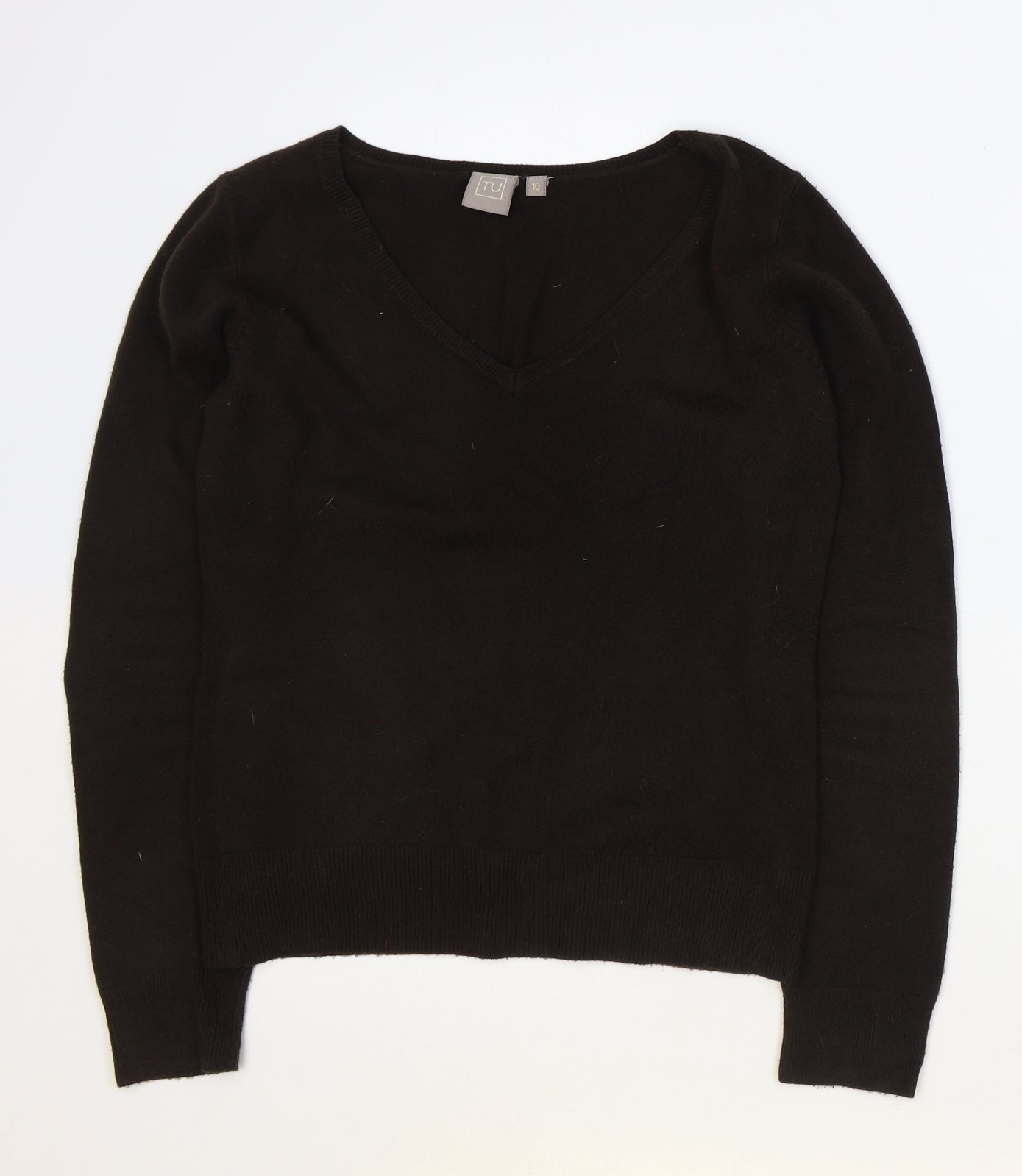 TU Womens Brown V-Neck Acrylic Pullover Jumper Size 10