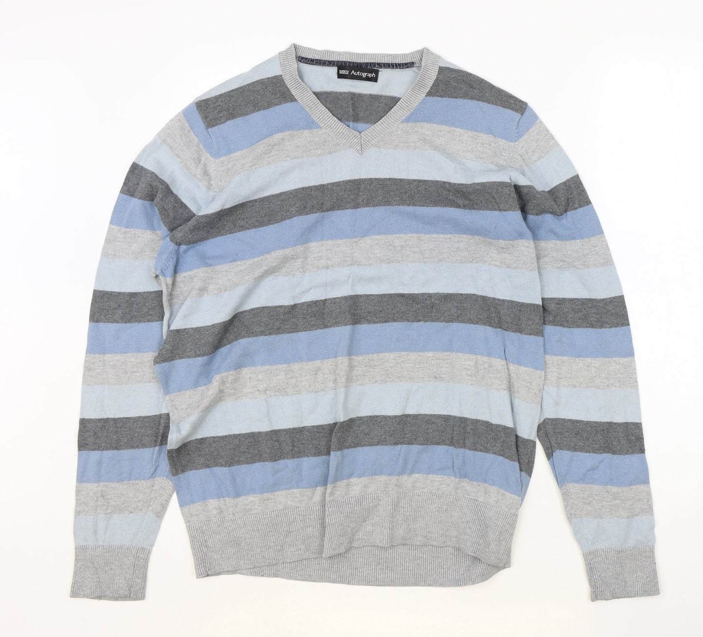 Marks and Spencer Mens Grey V-Neck Striped Cotton Pullover Jumper Size M Long Sleeve