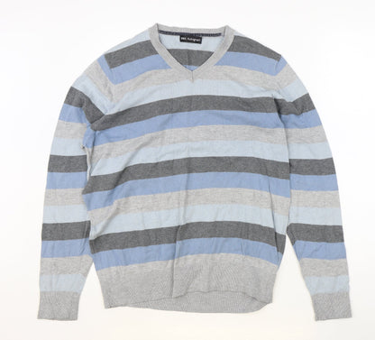 Marks and Spencer Mens Grey V-Neck Striped Cotton Pullover Jumper Size M Long Sleeve