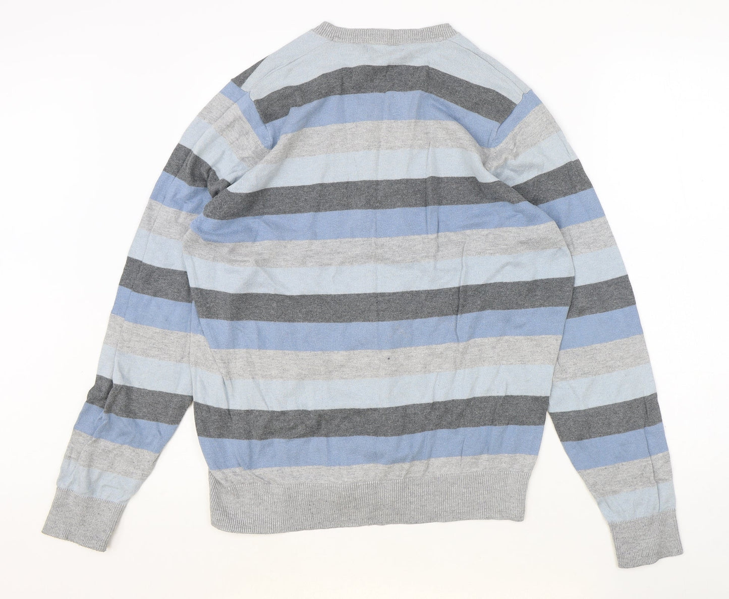 Marks and Spencer Mens Grey V-Neck Striped Cotton Pullover Jumper Size M Long Sleeve