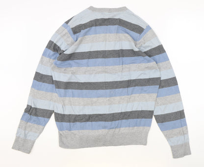 Marks and Spencer Mens Grey V-Neck Striped Cotton Pullover Jumper Size M Long Sleeve