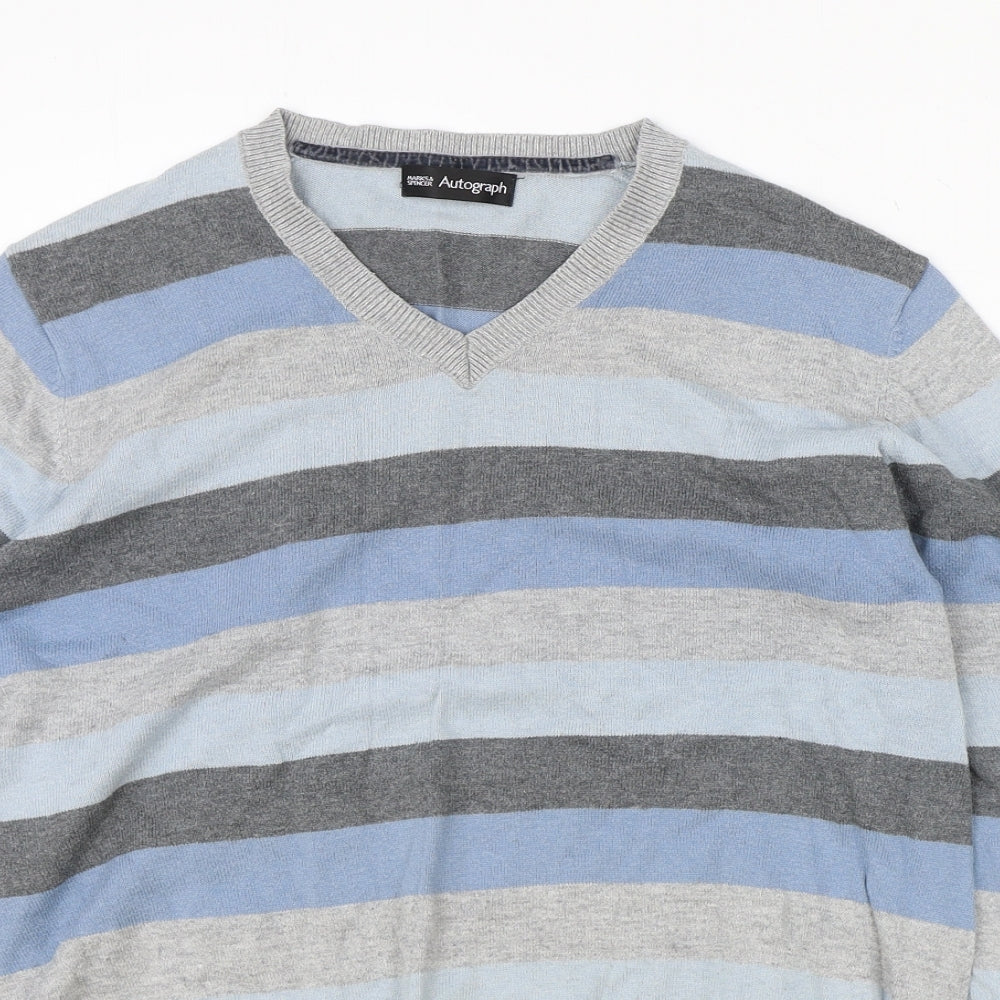 Marks and Spencer Mens Grey V-Neck Striped Cotton Pullover Jumper Size M Long Sleeve