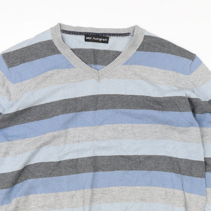 Marks and Spencer Mens Grey V-Neck Striped Cotton Pullover Jumper Size M Long Sleeve
