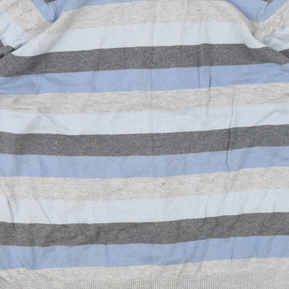 Marks and Spencer Mens Grey V-Neck Striped Cotton Pullover Jumper Size M Long Sleeve