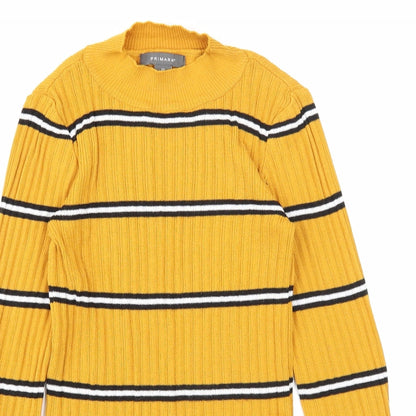 Primark Womens Yellow Mock Neck Striped Polyester Pullover Jumper Size 6