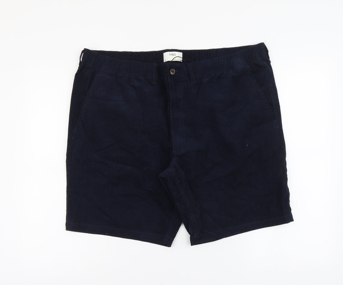 Marks and Spencer Womens Blue Herringbone Cotton Chino Shorts Size 2XL L9 in Regular Button