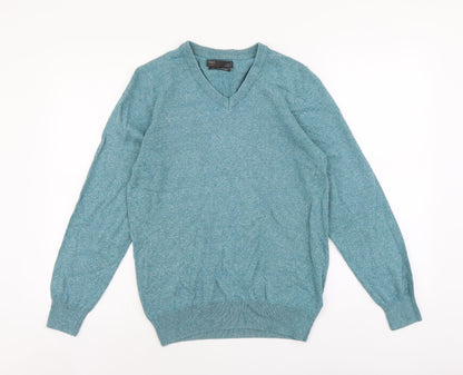 Marks and Spencer Mens Green V-Neck Cotton Pullover Jumper Size S Long Sleeve