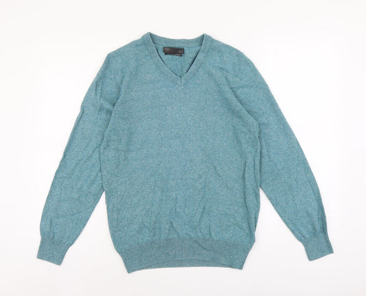 Marks and Spencer Mens Green V-Neck Cotton Pullover Jumper Size S Long Sleeve