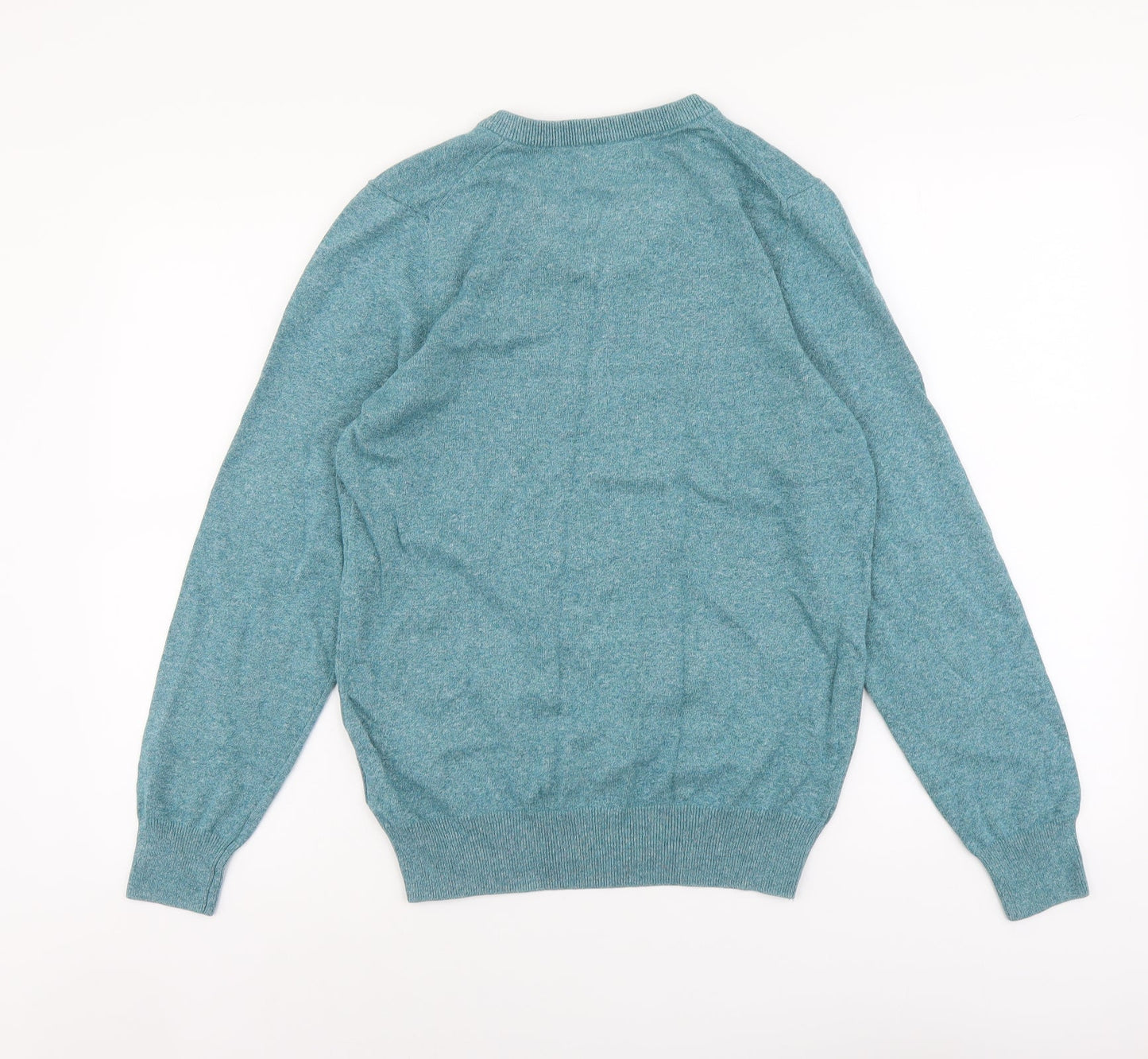 Marks and Spencer Mens Green V-Neck Cotton Pullover Jumper Size S Long Sleeve