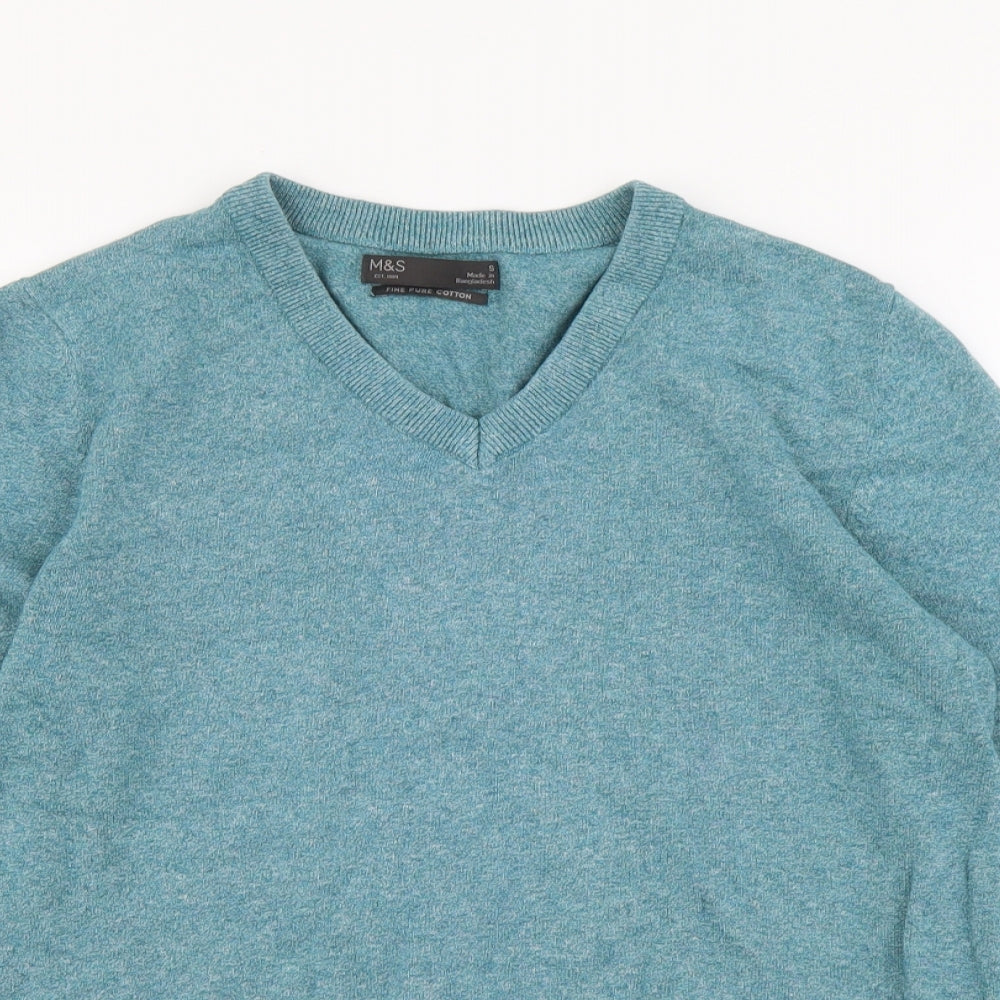 Marks and Spencer Mens Green V-Neck Cotton Pullover Jumper Size S Long Sleeve