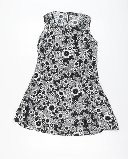 F&F Womens Black Floral Viscose A-Line Size 8 Boat Neck Button