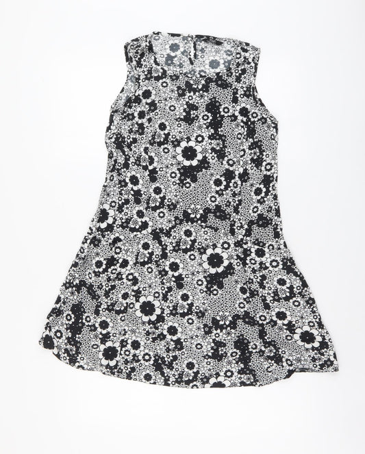 F&F Womens Black Floral Viscose A-Line Size 8 Boat Neck Button