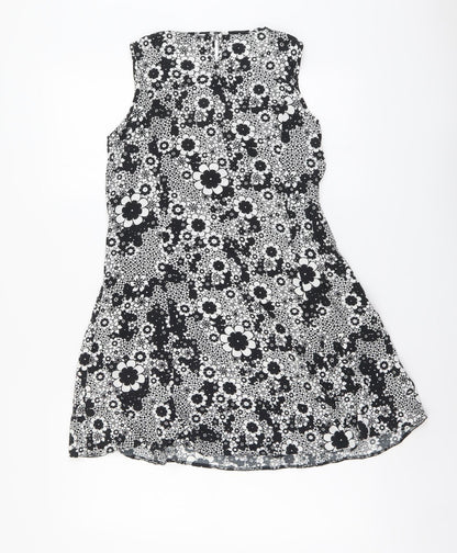 F&F Womens Black Floral Viscose A-Line Size 8 Boat Neck Button