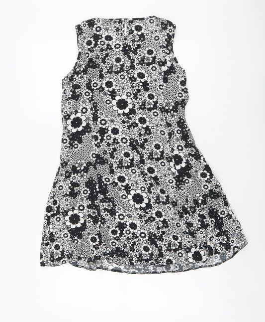 F&F Womens Black Floral Viscose A-Line Size 8 Boat Neck Button