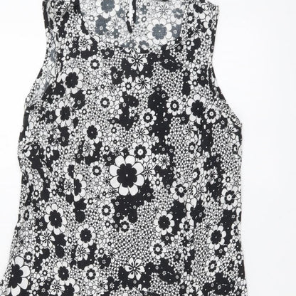 F&F Womens Black Floral Viscose A-Line Size 8 Boat Neck Button