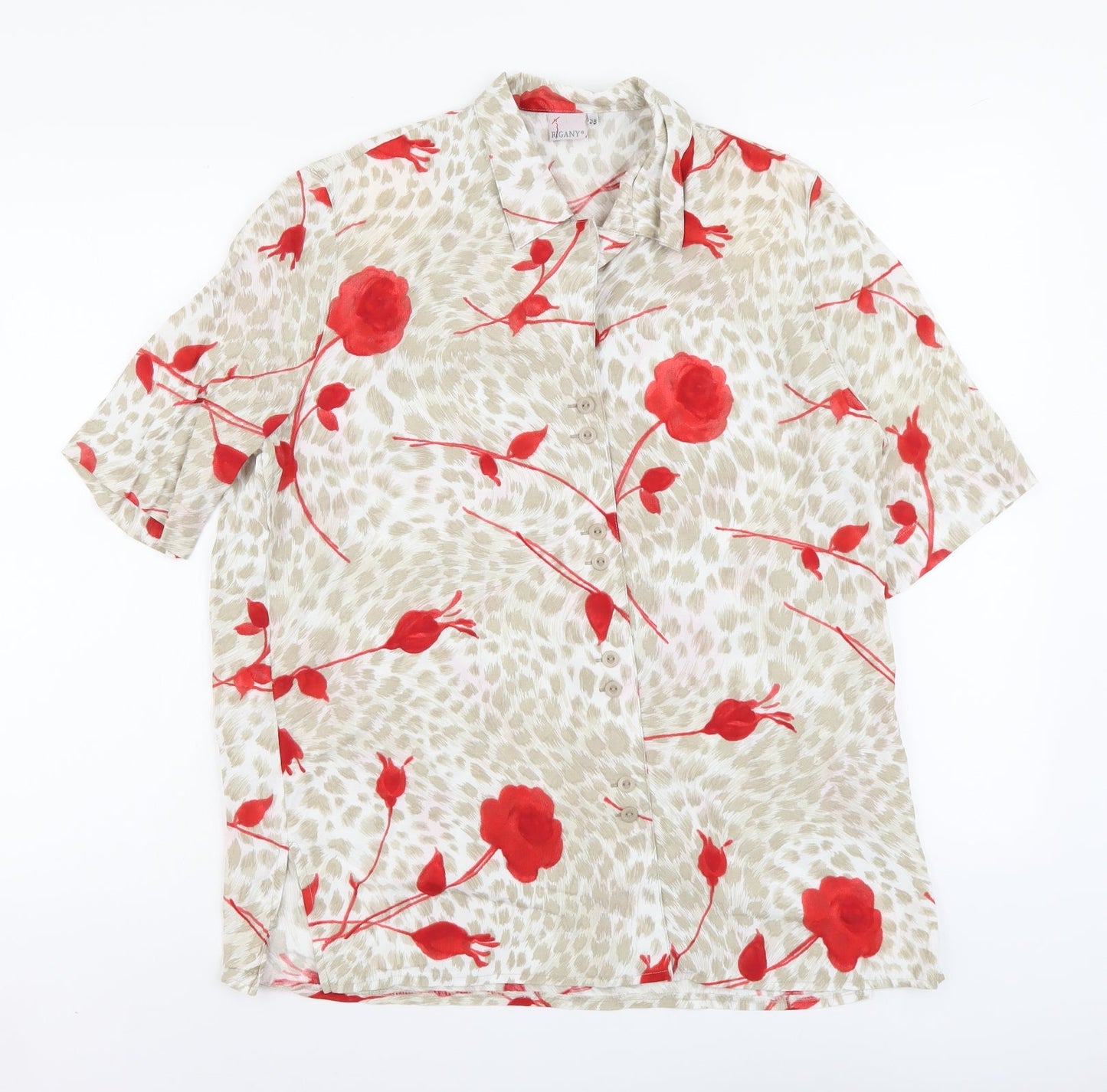 Rigany Womens Beige Floral Polyester Basic Button-Up Size M Collared